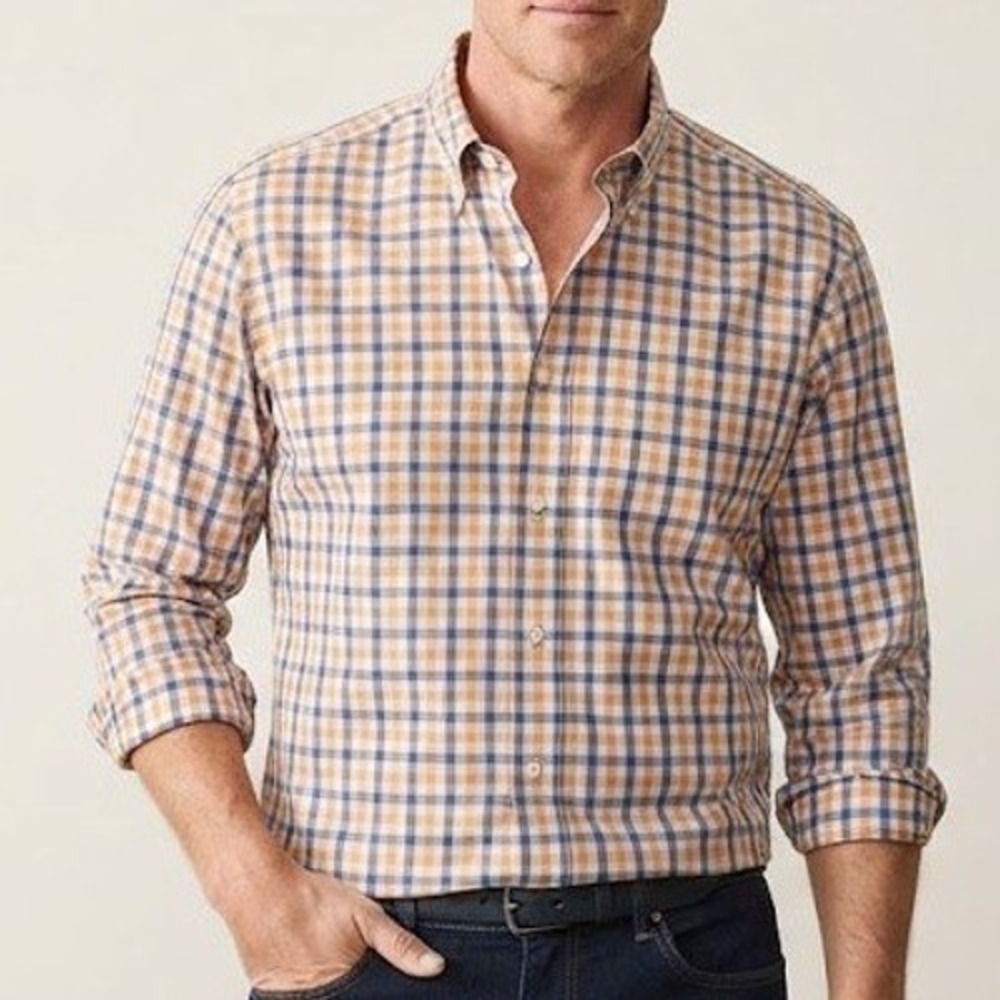 Peter Millar Button Down Shirt Mens Large Orange Blue Plaid Long Sleeve Cotton